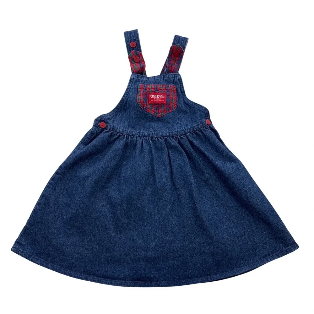 Vintage OshKosh B'gosh 2T Denim Jumper Dress Plaid‎ Bow USA Made Toddler Girl